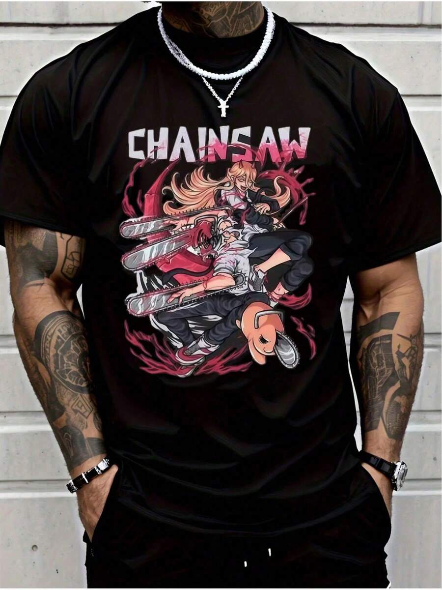 "Chainsaw" 100%Cotton Tee -Anime Printed Round Neck T-Shirt,Men's And Women's Sports Leisure Tee,Classic Graphic T-Shirt, Soft And Comfortable T-Shirts - 黑色 - 查看 1