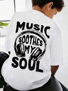 Boys' Casual Stylish Music Artist Headphone Print Round Neck Short Sleeve T-Shirt, Summer New Kids Tops - White - View 1
