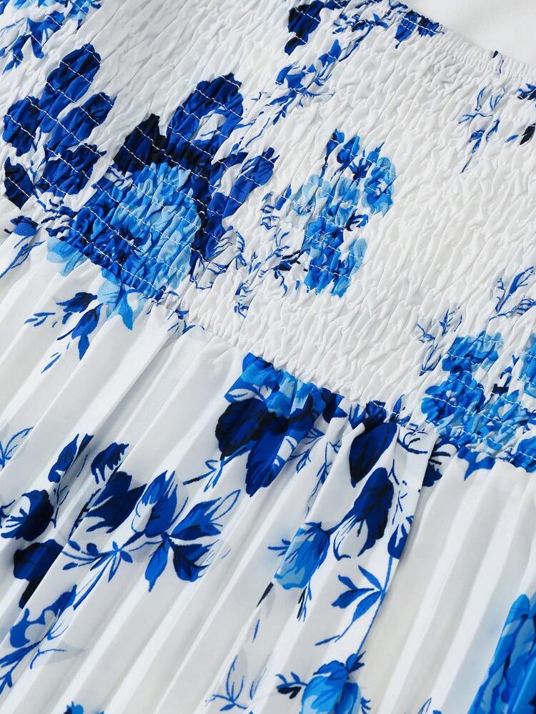 Women's Elegant Floral Print Pleated Waist Flared Dress With Chiffon Jacket Set, Suitable For Dates, Valentine's Day, Casual Vacation Summer - Blue and White - View 8