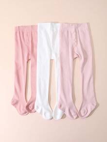 3 Pairs Baby Girls' Solid Color Leggings, Simple Style, Suitable For Spring And Autumn - Multicolor - View 3