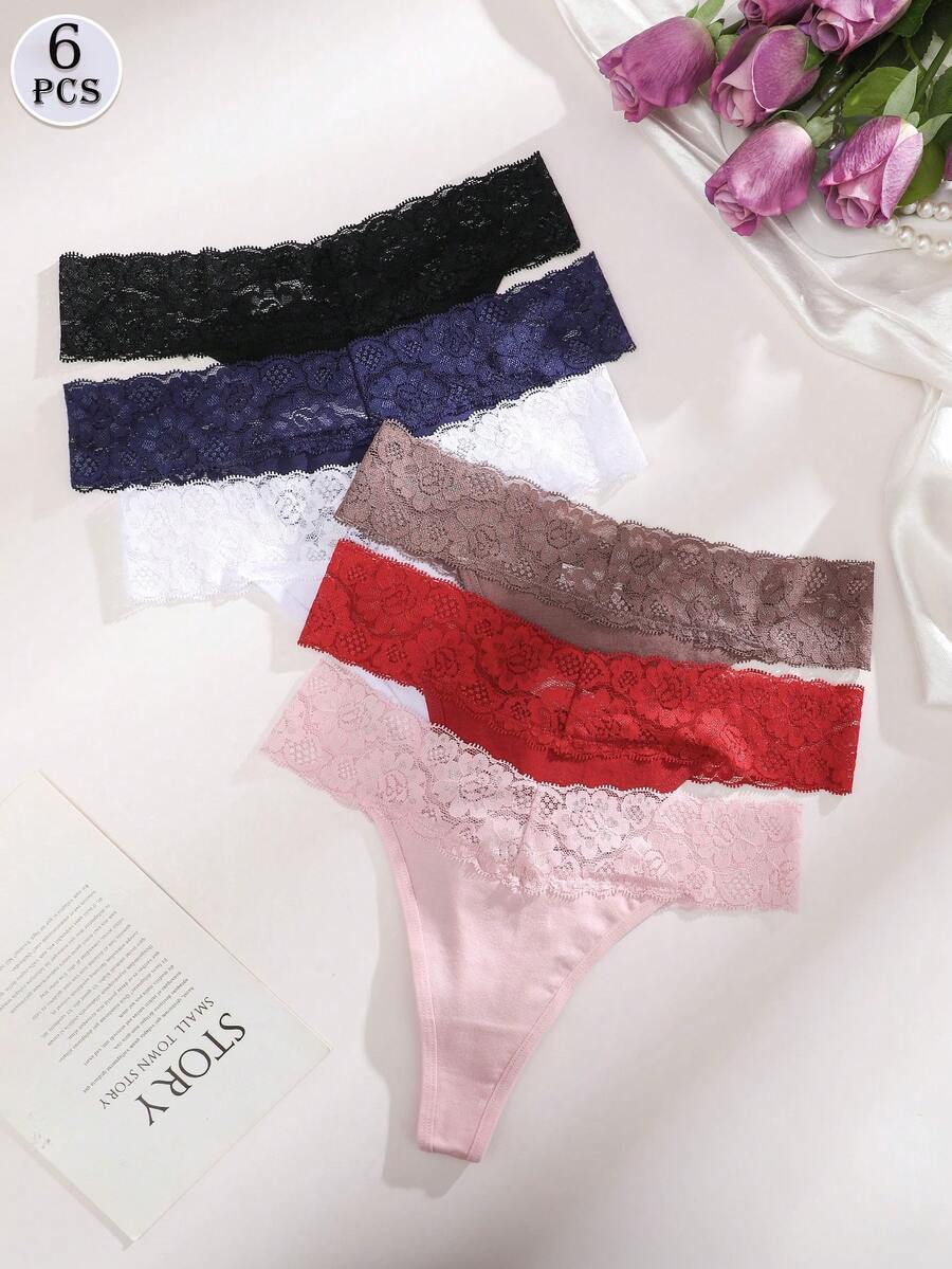 6pcs Romantic French Lace Trim Sexy Thong Panties, Valentine's Day Gift - Multicolor - View 1