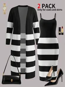 Women 2 Pcs Black And White Striped Dress & Long Cardigan Set, Spaghetti Strap Bodycon Midi Dress, Open Front Knit Cardigan - Black - View 2