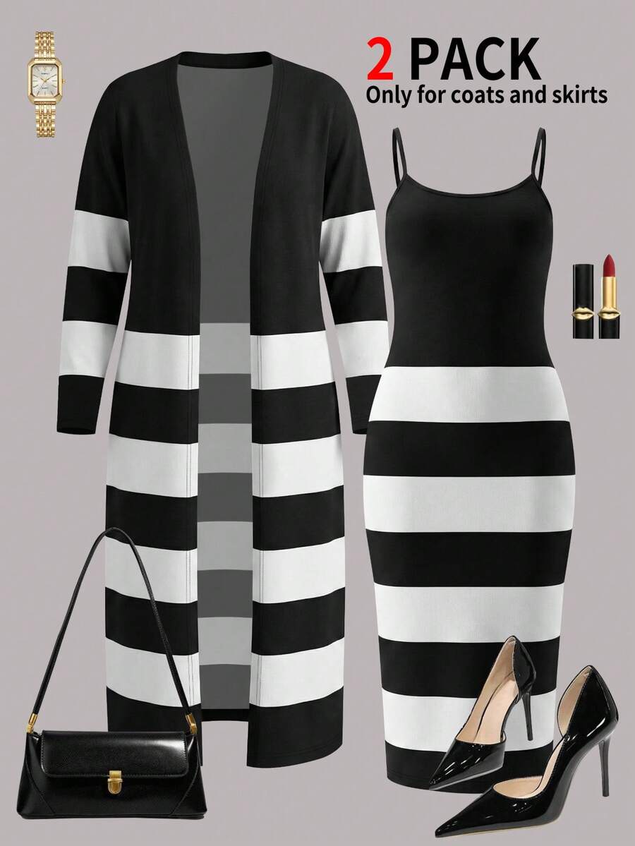 Women 2 Pcs Black And White Striped Dress & Long Cardigan Set ...