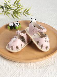 1双幼儿女童时尚百搭可爱花朵图案魔术贴凉鞋，适合0-1岁女婴学步，1-12个月婴儿鞋，适合春、秋、夏季穿着。 - 粉色 - 查看 5