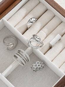 6件套极简复古硬币风格金属不对称几何叠戴戒指，适合日常佩戴、派对、生日、情人节送给女友的礼物（无包装盒） - 銀色 - 查看 3