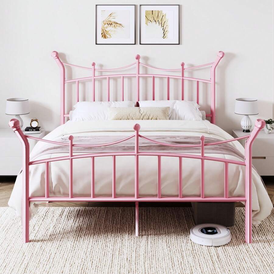 Allewie 14 Inches Twin/Full/Queen/King Size Metal Platform Bed Frame With Elegant Crown Headboard & Footboard, Sturdy Mattress Foundation With Under-Bed Storage, Easy Assembly, No Box Spring Needed, Pink - 粉色 - 查看 1