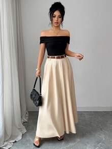 2pcs Set: Elegant Off-Shoulder Ruched Crop Top & Pleated Maxi Skirt, Suitable For Women's Casual Party Wear, Without Belt - Multicolor - View 4