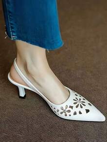 白色镂空花朵水钻搭扣尖头高跟鞋，透气专业工作鞋，无后跟凉鞋，春秋季 - 白色 - 查看 11