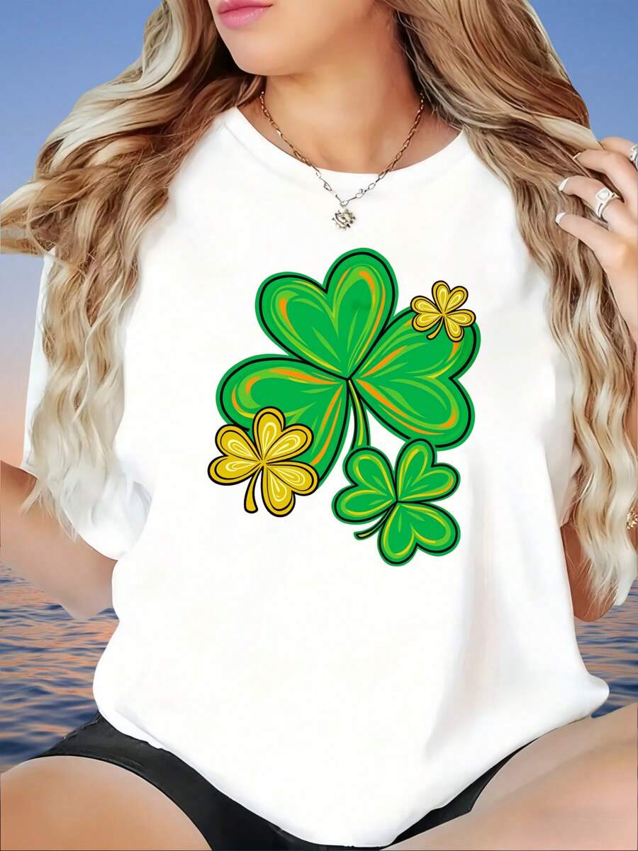 Women's T-Shirt,St Patrick's Day Clover T-Shirt Women Lucky Four Leaf Shamrock Graphic Tee Casual Summer Top For Women, 220g - 白色 - 查看 1