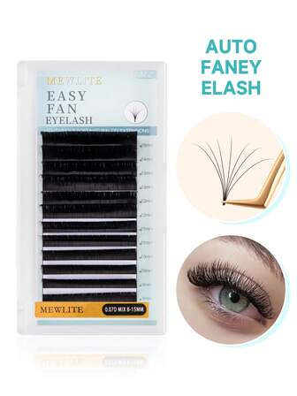 Extensiones de pestañas 3D fáciles de abanico de 12 filas MewLite - Estilos de muñeca rusa/ojo de gato de volumen mixto (Rizo C) | Volumen 3D, diseño de floración automática, pestañas 4D/5D para principiantes, uso en salón y DIY