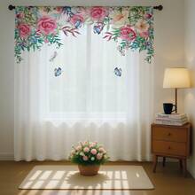 ستارة شفافة رومانسية بنقشة زهور وفراشات الأبعاد، خلفية بيضاء، مصنوعة من ألياف البوليستر، مناسبة للمنازل المؤجرة والغرف المعيشية والمطابخ والنوم، قابلة للإزالة والغسل في الغسالة، ستارة نافذة صغيرة - متعدد الألوان - مشاهدة 15