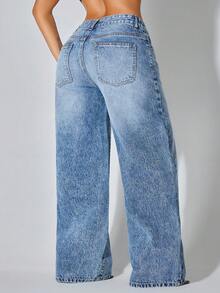 Quần jeans ống rộng cạp thấp màu xanh dương dáng casual, có túi xéo, thích hợp mặc mùa hè/xuân. - Rửa tối - Xem 2