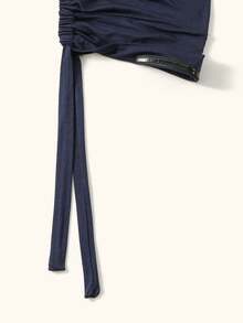 1pc Women Solid Color Undercap,Anti-Slip Elastic Band Beanie Hat With Adjustable Scarf,Hijabi Outfit Dress - Navy Blue Non-slip Tie-up Hat - View 4