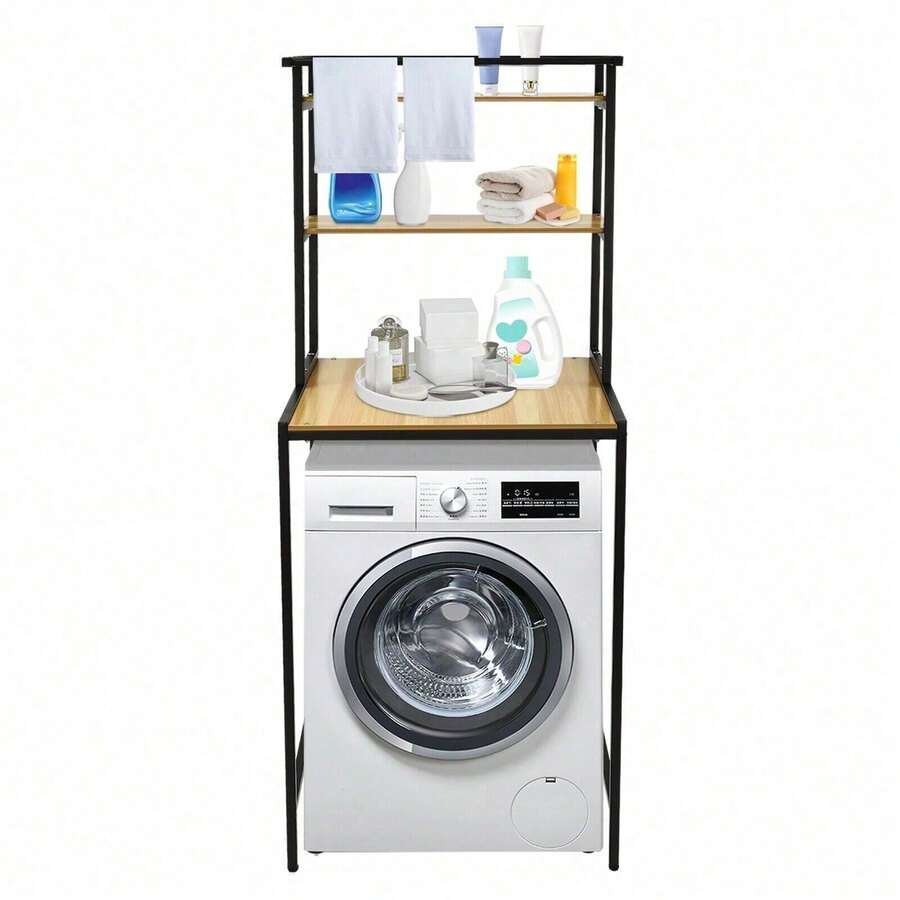 3 Single-Tier Washer And Dryer Storage Rack MDF, Iron, Rubber Black+ Log Modern Rectangular Load-Bearing Capacity: 22lbs For Bathrooms, Laundry Rooms, Balconies, Porches, Living Rooms - Black+ Log - View 1
