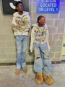 Y2K Street Letter Print Unisex Hooded Sweatshirt, Oversized Vintage Zip Hoodie, Hip-Hop Style Graphic Top, Fashionable Coat - 白色 - 查看 3