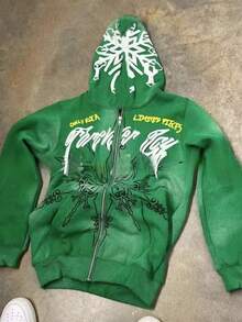 New  Snow Pattern Print Casual Loose Sweatshirt For Men And Women Is A Versatile Top Jacket - 綠色雪花紋拉鍊衫 - 查看 2