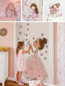 1 Sheet Girls Princess Door Stickers, Pink Ball Gown Dress And Hearts, Cute Cartoon Princess Decals For Nursery Kids Bedroom Living Room Door Decor, Removable Peel And Stick, Dreamy Cottagecore Theme Art - Multicolor - View 1