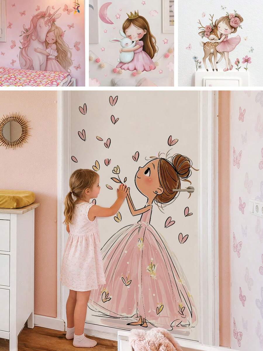1 Sheet Girls Princess Door Stickers, Pink Ball Gown Dress And Hearts, Cute Cartoon Princess Decals For Nursery Kids Bedroom Living Room Door Decor, Removable Peel And Stick, Dreamy Cottagecore Theme Art - Multicolor - View 1