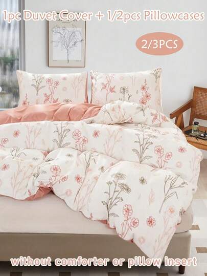 2/3pcs Pink Floral Print Polyester Duvet Cover Set, Pastoral Style Soft & Breathable Children/Girls Bedroom Bedding Set, Suitable For All Seasons, Zipper Closure, Machine Washable (1 Duvet Cover + 1/2 Pillowcase)