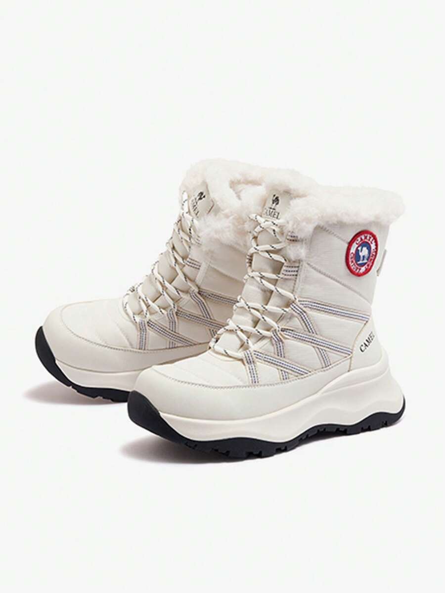 CAMEL CROWN Giày bốt mùa đông đế xuồng ngoài trời dành cho nữ, giày cotton dày dặn, chống thấm nước, lót lông cừu, cao đến giữa bắp chân. - Màu be - Xem 1