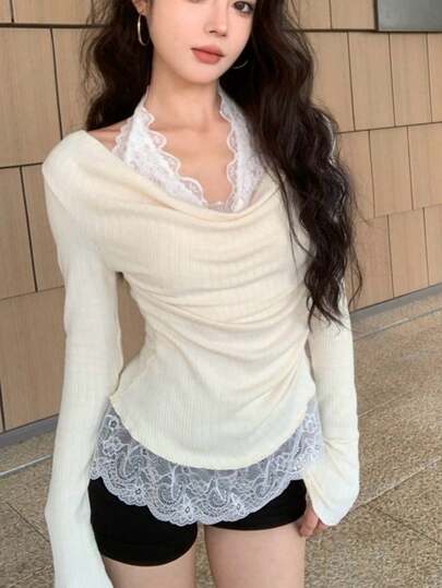 露肩蕾丝拼接性感短款上衣，2026 女士春季新款针织吊带套头斜肩华丽T恤