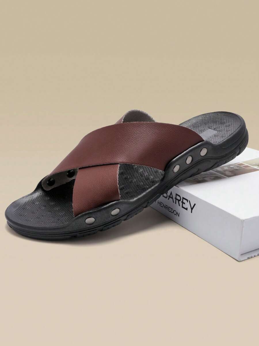 Brown Criss-Cross Leather Retro Fashion Men's Sandals, Non-Slip Comfortable Open Toe Slippers, Suitable For Outdoor, Beach, Holiday, Versatile For All Seasons - Brown - View 1