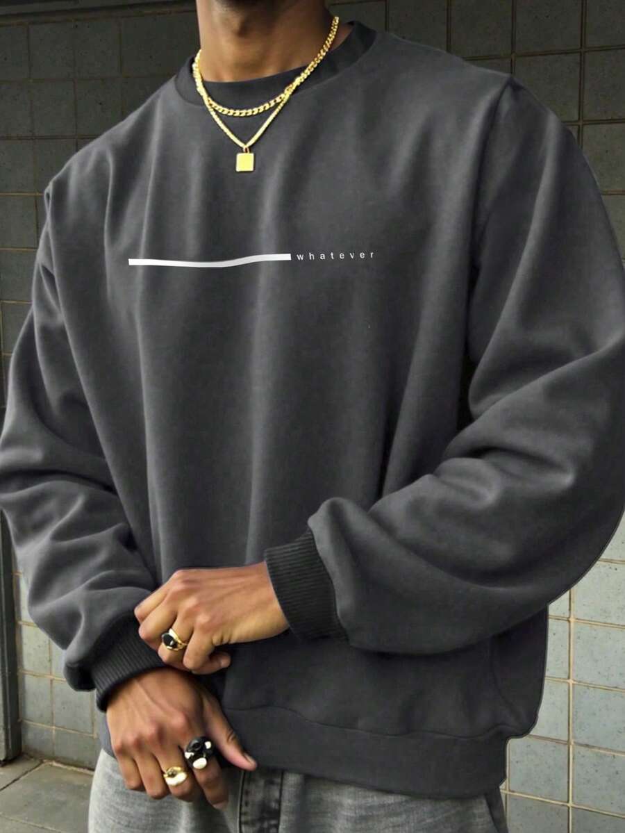 Men's Casual Versatile Daily Commute Minimalist Printed Crew Neck Short Sleeve Sweatshirt, Spring/Autumn - Dark Grey - View 1