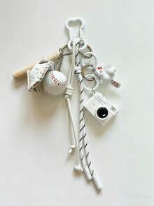 High-End Fashion White Minimalist Camera, Baseball, Golf Ball, Bow Tie And Pearl Bag Charm; Leather Braided Rope Keychain; Metal Rhinestone Heart Clasp; Fashionable White Pendant; Car Key Chain; Perfect Gift For Women, Birthday, New Year, Valentine's Day, Mother's Day, White Day, Back To School, Wedding Favor And Holiday Gifts. - Multicolor - View 2