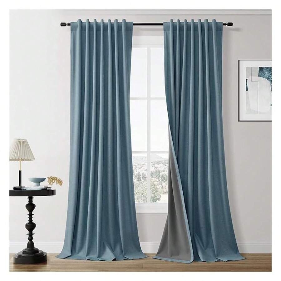 Blue 102 Inch Blackout Curtains - Bedroom & Living Room - Linen Thermal Blackout Drapes - 如圖651 - 查看 1