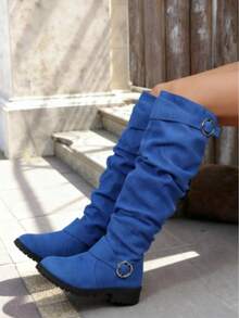 Inspired Patent Leather Square Toe Tall Boots, Slim Fit Chunky Heel Riding Boots For Women, Autumn/Winter,Western Style,Black Boots - 寶藍色 - 查看 4