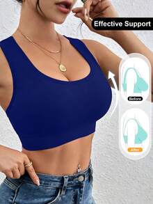 LianShengFa 1pc Seamless Sports Bra With English Letter & Mesh Splice, Removable Pads, Soft & Breathable Yoga Bra Top - Navy Blue - View 4