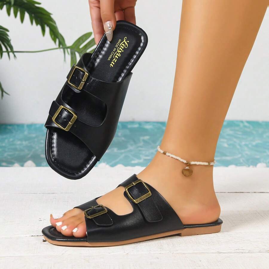 1 par de sandalias planas de cuero sintético con hebilla, de unicolor y unisex, adecuadas para el hogar, vacaciones y verano - Negro - Ver 1