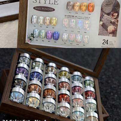 24色高级魔镜美甲粉，超亮24色魔镜化妆粉，DIY美甲及美甲配件，圣诞美甲，美甲装饰珍珠粉，含收纳盒（不含色卡展示板）
