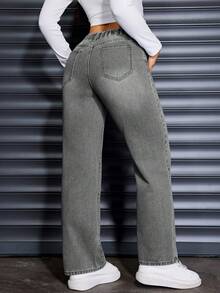 Quần jeans nữ thời trang thường ngày, cạp chun, kiểu dáng cổ điển, không co giãn, màu xám bạc, dáng suông, phong cách wash, ống đứng, mùa xuân. - Xám - Xem 2