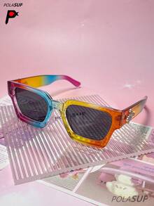 1pc Diamond Heart Cross Thick Frame Square , Fashionable Personalized Retro For Women, Rainbow Versatile Classic High-End Full Frame Street Style, With Glasses Case, Glasses Strap, Glasses Cloth - Multicolor - View 8