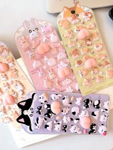 3D泡沫挤压减压贴纸，可爱动物图案（桃子、小狗、小猫），适用于手机壳、杯子、装饰品