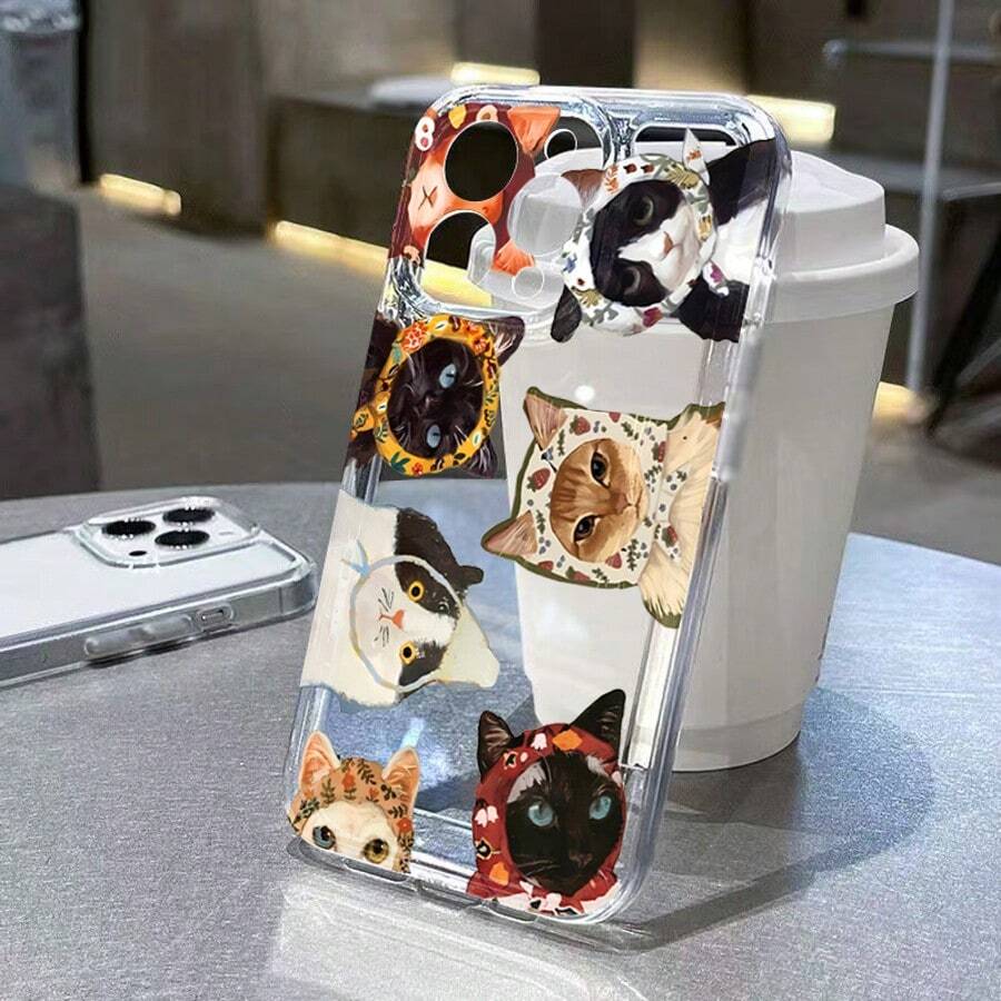 可爱猫咪图案手机壳，兼容 17 Air、16、15、14、13、12、11 Pro Max、14、15、16 Plus、XS、XR、X、8、7、SE2、12、13 Mini、16e 以及 Galaxy S25 FE、S25 Ultra、S24 FE、S23 Plus 5G、S22 Ultra、S21、S20 FE，透明防震保护套 - 彩色 - 查看 1