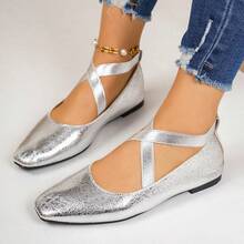 Women's Retro Ballet Style Pointed Toe Shoes, Criss-Cross Strap Versatile Shallow Soft Bottom Casual Loafers - Silver - View 5