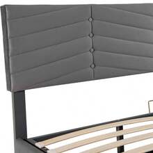 Upholstered Bed, Double Bed, Hydraulically Adjustable Base, Velvet, Striped Style, Continental Style Bed, Height-Adjustable Headboard, 160 X 200 Cm, Grey - Grey - View 6