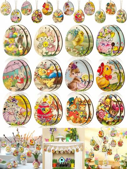 12件复古复活节木制挂饰，DIY节日派对装饰，可爱迷你兔子挂件，鸡蛋兔子小鸡木片带绳子，适合家庭派对装饰、复活节彩蛋树、家庭和教室装饰
