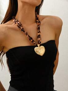 1pc Leopard Print Necklace With Heart, Butterfly & Star Pendant, Winter Necklace, Daily Accessory, Date Night Necklace, Party Necklace, Gift For Women, Valentine's Day, Mother's Day - Multicolor - View 3