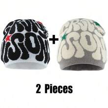 Fashionable Streetwear Hip Hop Cap, Knitted, Autumn/Winter, Women's, Letter Embroidery Design, Skullies Beanies - White and Gray - View 1