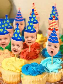10/25/50/100/150 Pieces Personalized Face Cupcake Toppers - 1st Birthday Party Decoration, Face Design, Personalized Cake Decoration, Cake Topper With Birthday Hat, Face Cupcake Decorations, Personalized Face Cupcakes, Birthday Decoration, Face Lollipops, Printable Decoration, Party Supplies - Multicolor - View 3