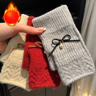 1 Pair Thick Fluffy Warm Winter Fingerless Gloves For Women, Elegant Solid Color Knitted Fleece Warm Gloves, Windproof Wedding Gloves Design, Versatile For Office, School, Writing, Dating, Cycling, Parties, Suitable For Autumn/Winter Outdoor Activities And Daily Wear