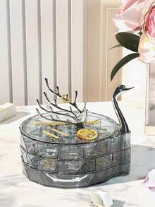 1pc-Swan Dream Desktop Jewelry Box-Large Capacity Earring And Jewelry Storage Box-Clear And Bright, Easy To Find Items-High-End Three-Tiered Rotating Wedding Ornament - Black - View 4