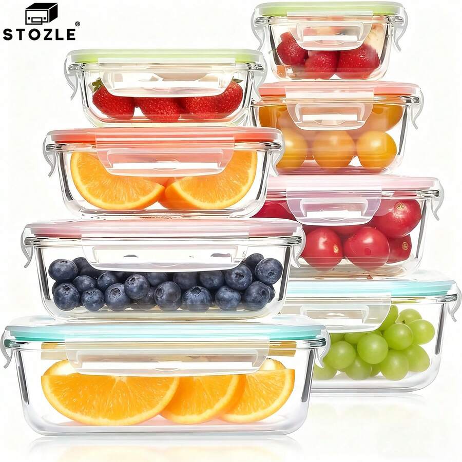 Stozle 16pcs Sealed Glass Storage Containers, Lunch Box, Microwave, Oven - Great For Salads, Fruits, Vegetables And Sandwiches, Lunch Box | Sealed Storage | Durable Glass, Storage Containers (8 Lids + 8 Containers) - 16pcs Colorful (8 Lids + 8 Containers) - View 1