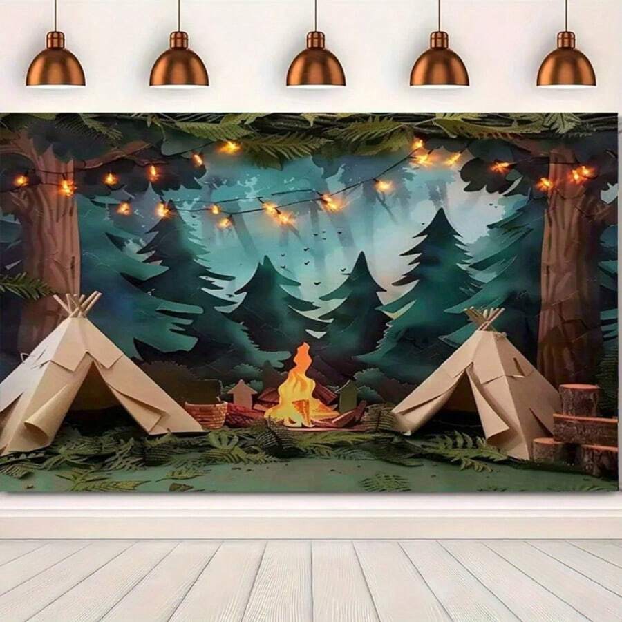 1pc Forest Scene With Tent And Campfire, Photography/Camping Backdrop, Party Background - Multicolor - View 1