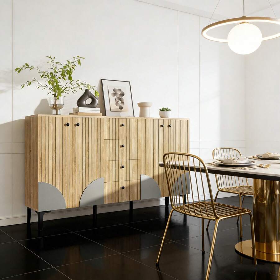 Armoire de rangement élégante – 4 portes et 4 tiroirs, style minimaliste – Polyvalente pour salon, salle à manger ou entrée – Dimensions : 160 cm (L) x 36 cm (P) x 94 cm (H) - Bois + Panneau de particules-1 - Voir 1