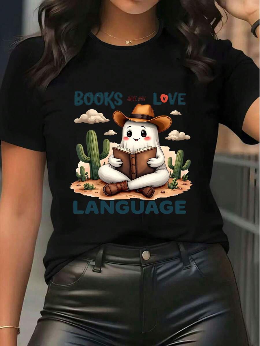 T-shirt grafica carina da donna, "I libri sono il mio linguaggio d'amore", stampa, stile western, cowboy, fantasma, cactus, casual, manica corta, girocollo, per amanti dei libri - nero - Visualizzare 1