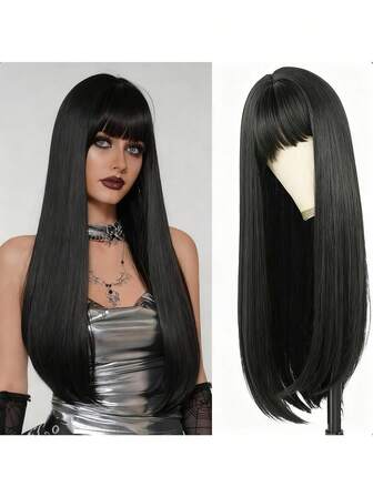 Heat Resistant Synthetic Wig 26" Long Straight Synthetic Women's Wig With Bangs Natural Black White Color Extension Straight Hair Looking Soft Hair For Women Daily Wear, Cosplay, Halloween, Music Festivals, And Christmas Events - Women's Fashionable Black